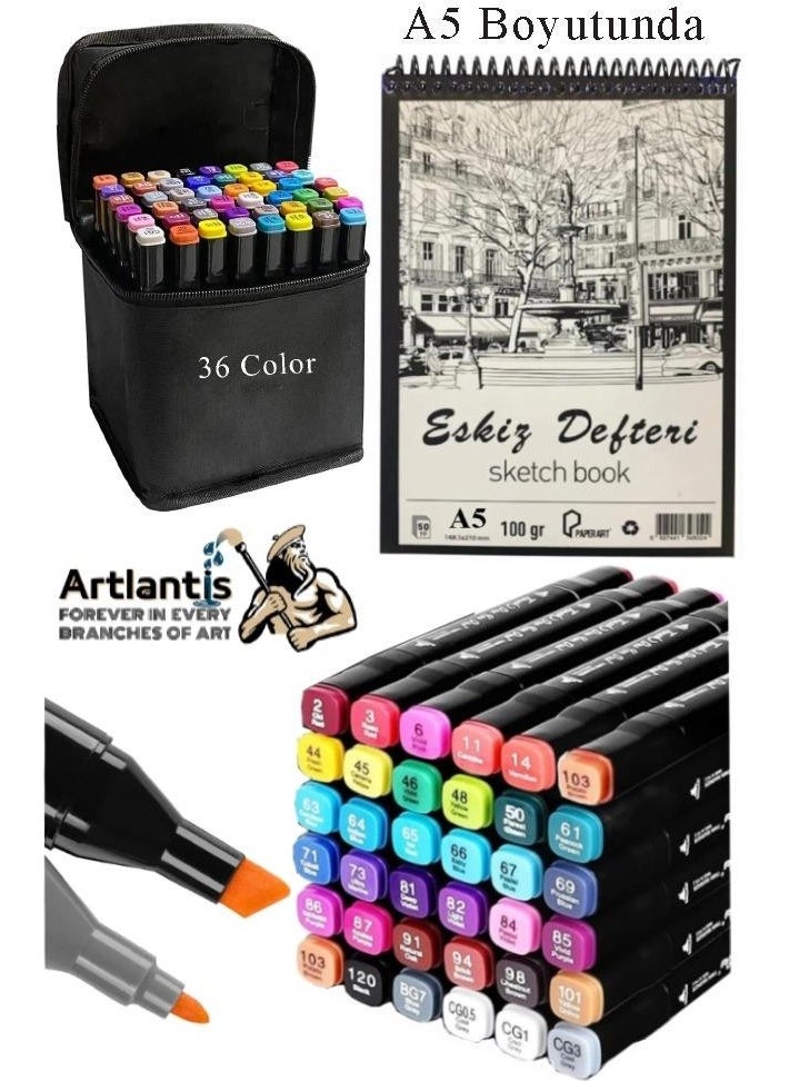 Artlantis Sketchbook A5 50 Sheets 100 gr 1 Piece 36 Colors Double Sided Marker Pen 36 Pieces Touch Double Ended  - Image 1