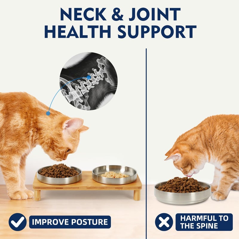 DoogCat Elevated Cat Bowls for Indoor Cats – Raised Bamboo Cat Food Table with 2 Stainless Steel Dishes, Adjustable Height (4.25"/3.07"), Whisker Friendly Feeding Station - Image 5