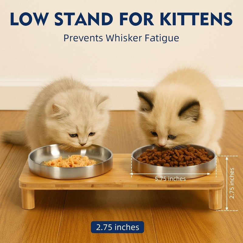 DoogCat Elevated Cat Bowls for Indoor Cats – Raised Bamboo Cat Food Table with 2 Stainless Steel Dishes, Adjustable Height (4.25"/3.07"), Whisker Friendly Feeding Station - Image 3