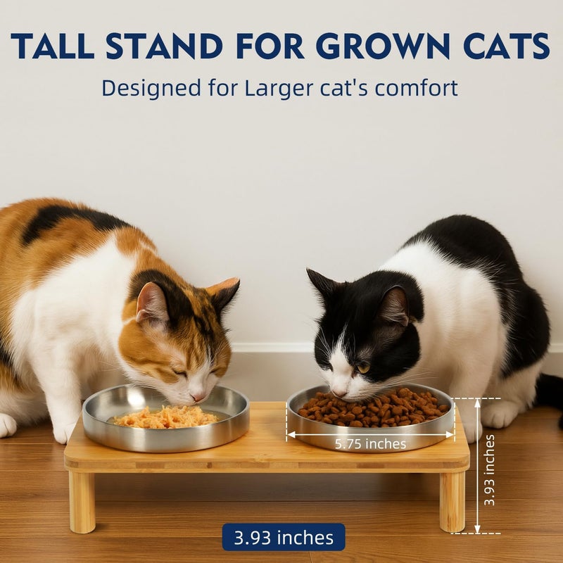 DoogCat Elevated Cat Bowls for Indoor Cats – Raised Bamboo Cat Food Table with 2 Stainless Steel Dishes, Adjustable Height (4.25"/3.07"), Whisker Friendly Feeding Station - Image 4