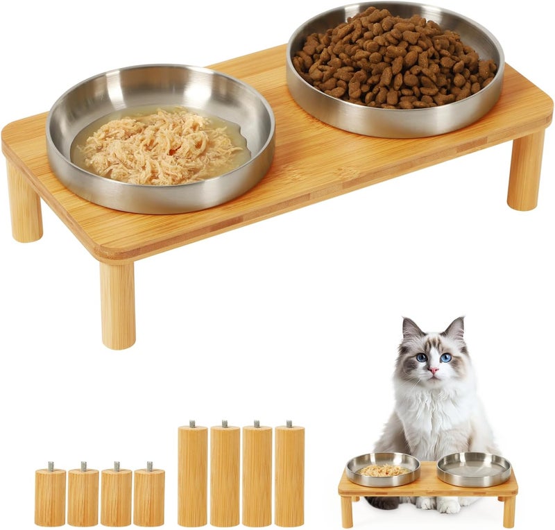 DoogCat Elevated Cat Bowls for Indoor Cats – Raised Bamboo Cat Food Table with 2 Stainless Steel Dishes, Adjustable Height (4.25"/3.07"), Whisker Friendly Feeding Station - Image 1