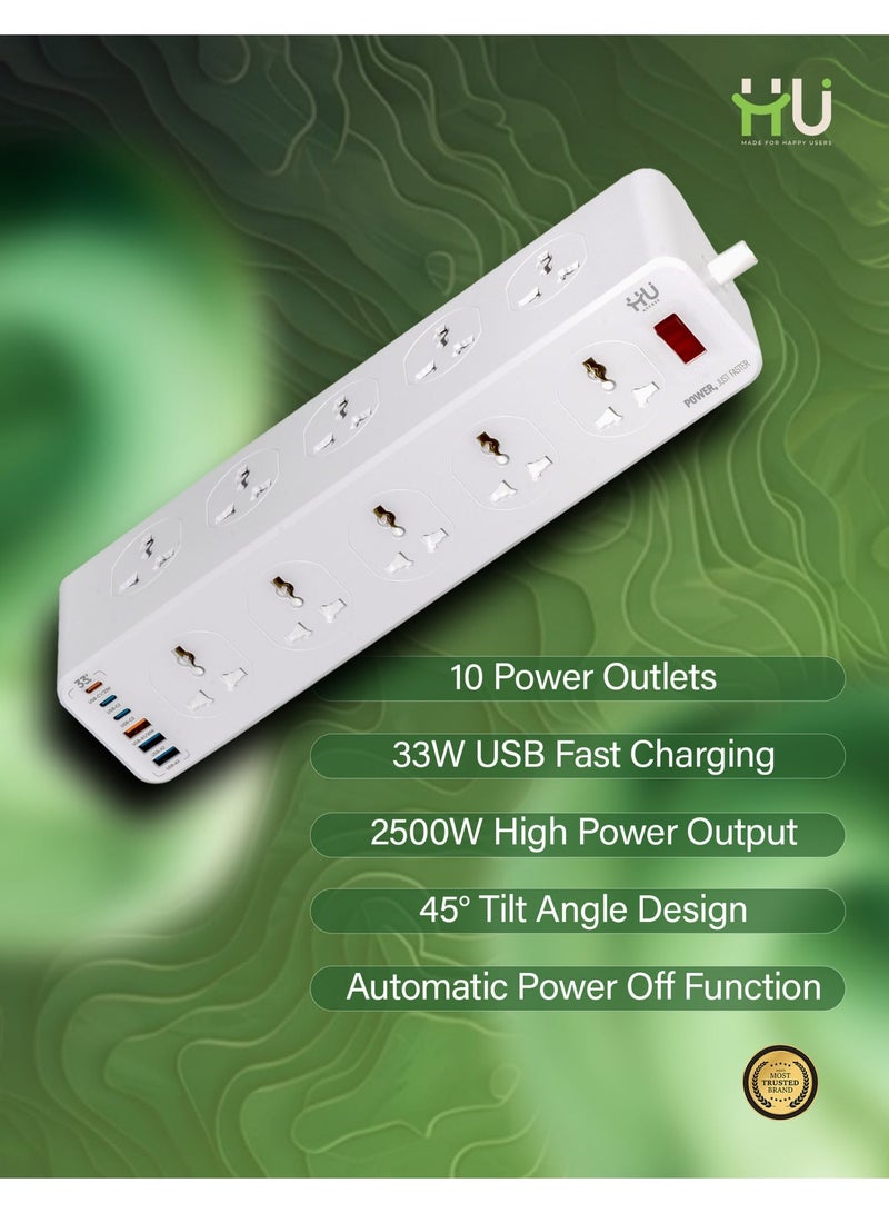 إتش يو برج مشترك كهربائي عالمي – شريط طاقة بـ10 منافذ مع شحن USB بقدرة 33 واط، برج متعدد المقابس بقدرة 2500 واط مع تصميم مائل 45° للاستخدام المنزلي والمكتبي - Image 3