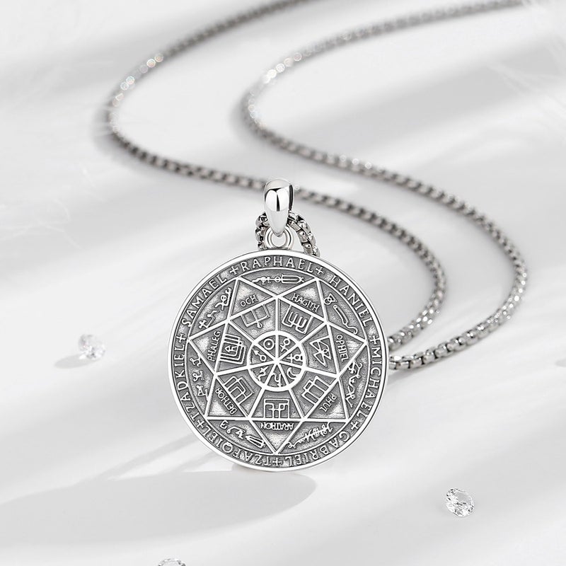 EUDORA S925 Sterling Silver Sacred Sigil Seal of the Seven Archangels 7 Archangels Necklace for Women Men, Runes Pendant Medallion Spiritual Protection Amulet Jewelry Gift for Father Mother,22+2inch - Image 2