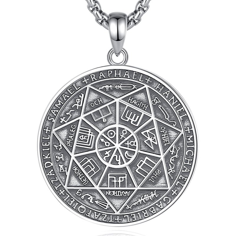 EUDORA S925 Sterling Silver Sacred Sigil Seal of the Seven Archangels 7 Archangels Necklace for Women Men, Runes Pendant Medallion Spiritual Protection Amulet Jewelry Gift for Father Mother,22+2inch - Image 1