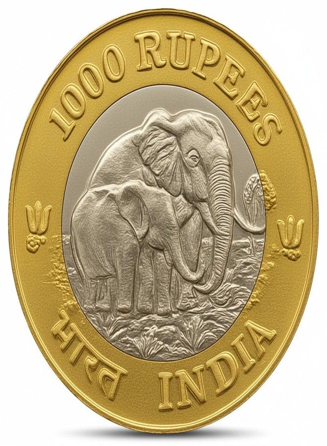 newway 1000 Rupees 2025 Twin Elephants, India Fantasy Rare Bi-Metallic Coin - Image 1