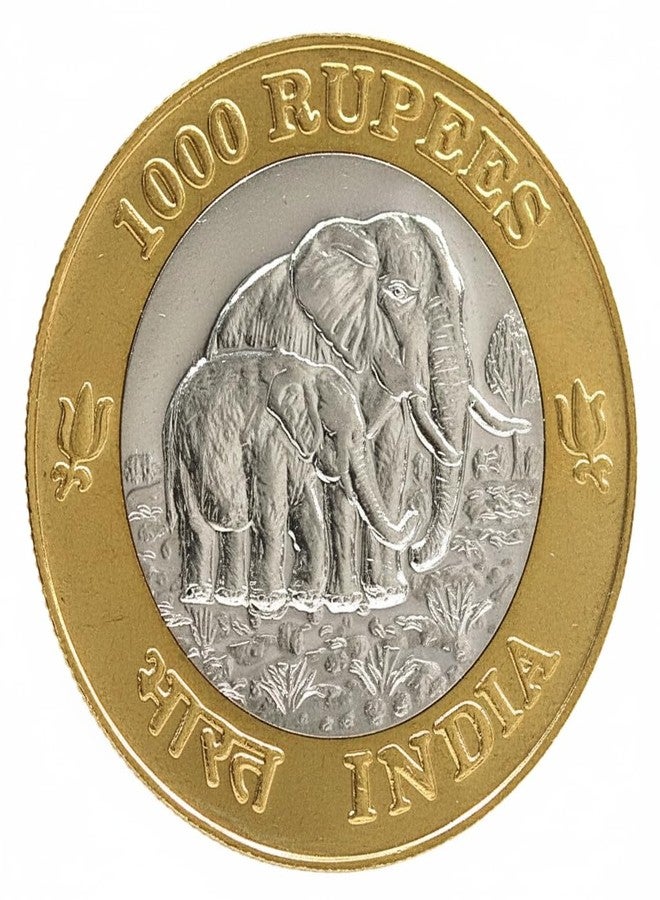 newway 1000 Rupees 2025 Twin Elephants, India Fantasy Rare Bi-Metallic Coin - Image 3
