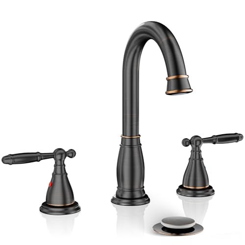 Phiestina 2-Handle 8 Inch 3 Hole Oil Rubbed Bronze Widespread Bathroom Faucets, with Valve and Metal Pop-Up Drain, WF017-4-ORB - Image 1