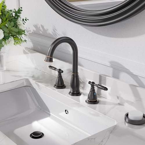 Phiestina 2-Handle 8 Inch 3 Hole Oil Rubbed Bronze Widespread Bathroom Faucets, with Valve and Metal Pop-Up Drain, WF017-4-ORB - Image 4