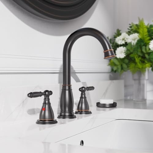 Phiestina 2-Handle 8 Inch 3 Hole Oil Rubbed Bronze Widespread Bathroom Faucets, with Valve and Metal Pop-Up Drain, WF017-4-ORB - Image 3