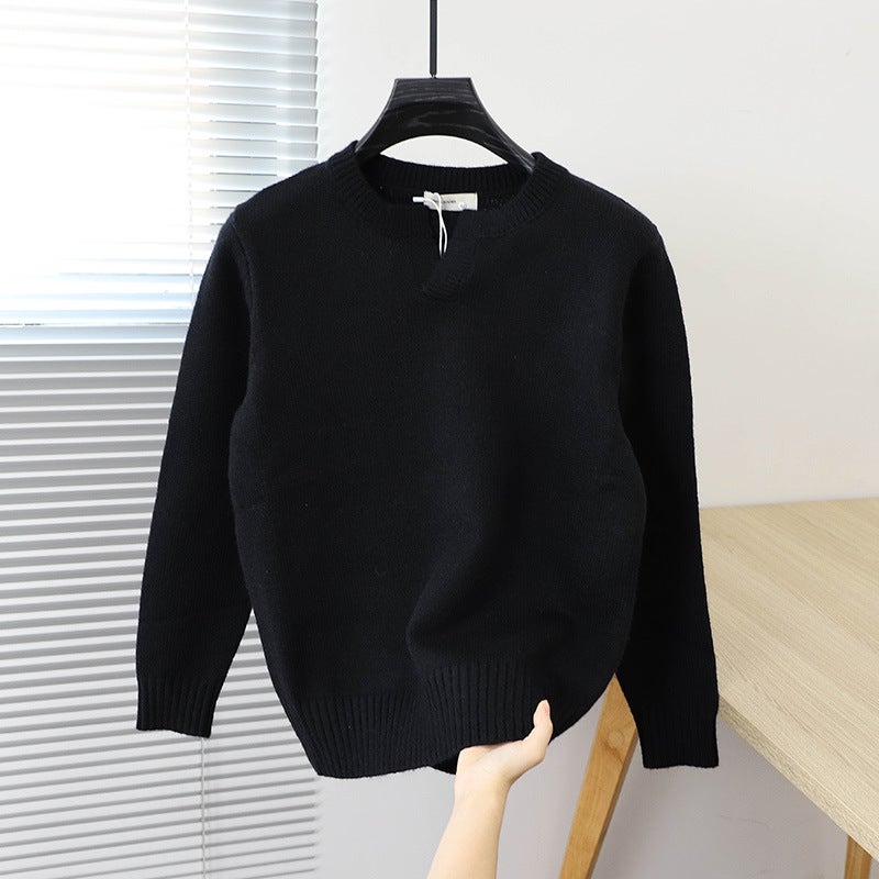2023 Autumn Mens Solid Sweater Soft Crew Neck Knitwear Black  - Image 1