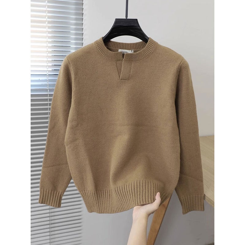 2023 Autumn Mens Solid Sweater Soft Crew Neck Knitwear Black  - Image 2