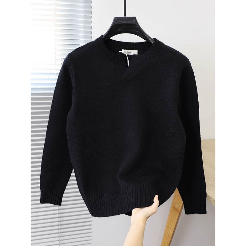 2023 Autumn Mens Solid Sweater Soft Crew Neck Knitwear Black  - Image 3