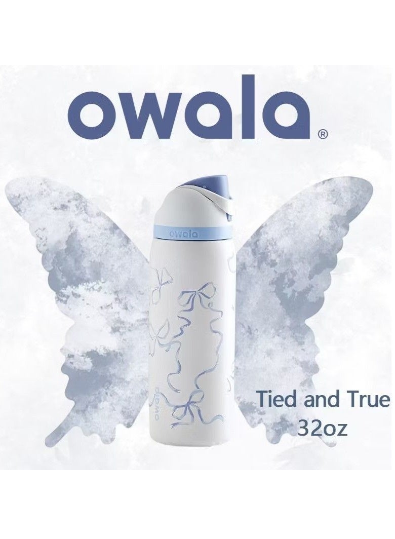 Owala زجاجة مياه رياضية من أوالا فري سيب معزولة مزدوجة من الفولاذ المقاوم للصدأ | مع قشة | خالية من BPA | عبوة واحدة | 32 أونصة (رباط أزرق) - Image 1