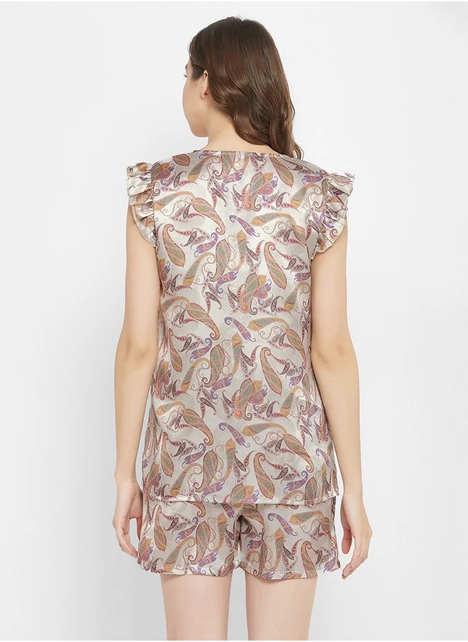 Clovia Clovia Paisley Print Button Down Top & Shorts Set in Cream Colour - Satin