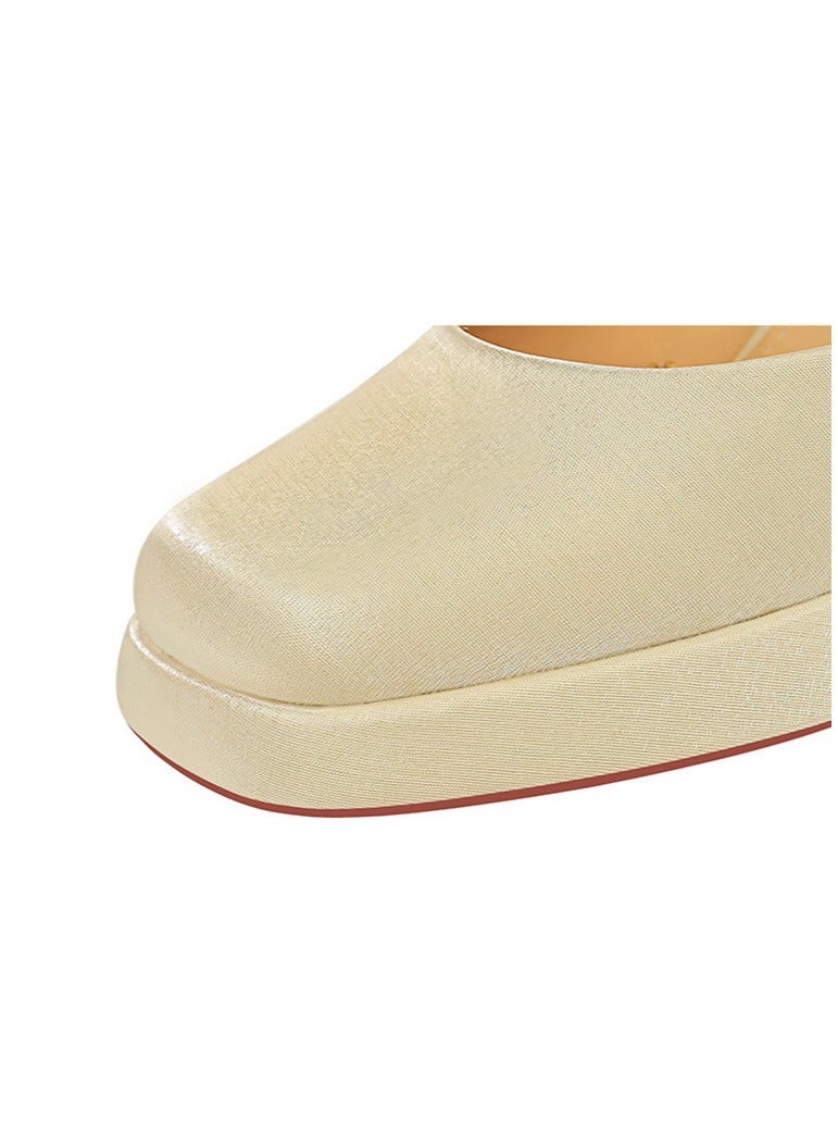 بيج تري المرأة الساتان منصة سمينة الكعب العالي مربع مغلق إصبع القدم مضخات الشمبانيا 9CM - Image 5