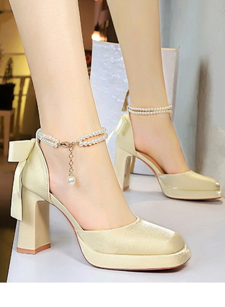 بيج تري المرأة الساتان منصة سمينة الكعب العالي مربع مغلق إصبع القدم مضخات الشمبانيا 9CM - Image 3