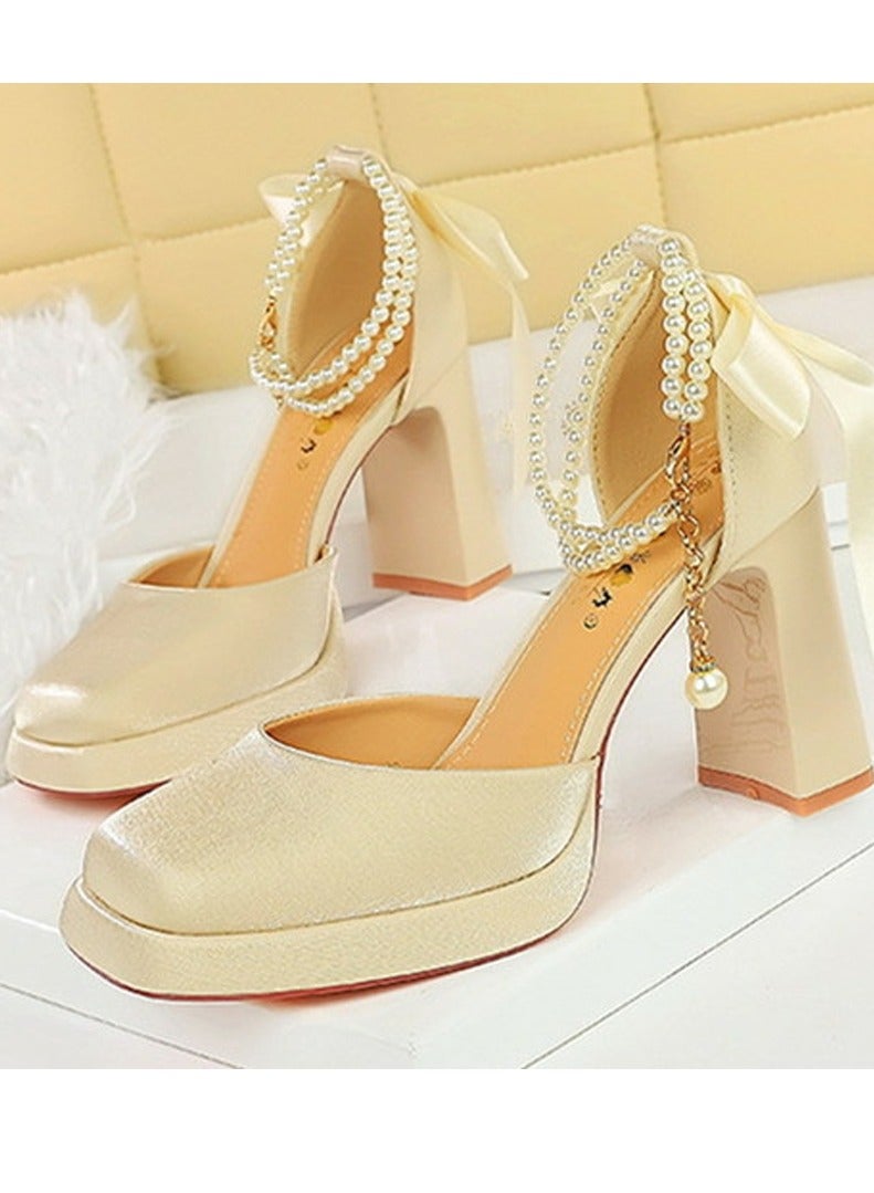 بيج تري المرأة الساتان منصة سمينة الكعب العالي مربع مغلق إصبع القدم مضخات الشمبانيا 9CM - Image 1