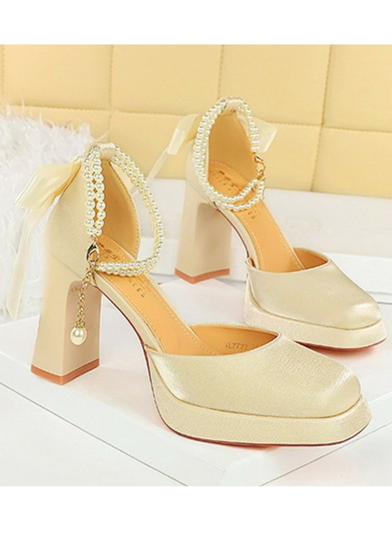 بيج تري المرأة الساتان منصة سمينة الكعب العالي مربع مغلق إصبع القدم مضخات الشمبانيا 9CM - Image 2