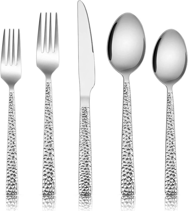 E-far Efar 50Piece Hammered Silverware Set Stainless Steel Square Flatware Set Service for 10 Tableware Cutlery Set Includes Forks Spoons Knives Modern Design  Mirror Polished  Dishwasher Safe - Image 1