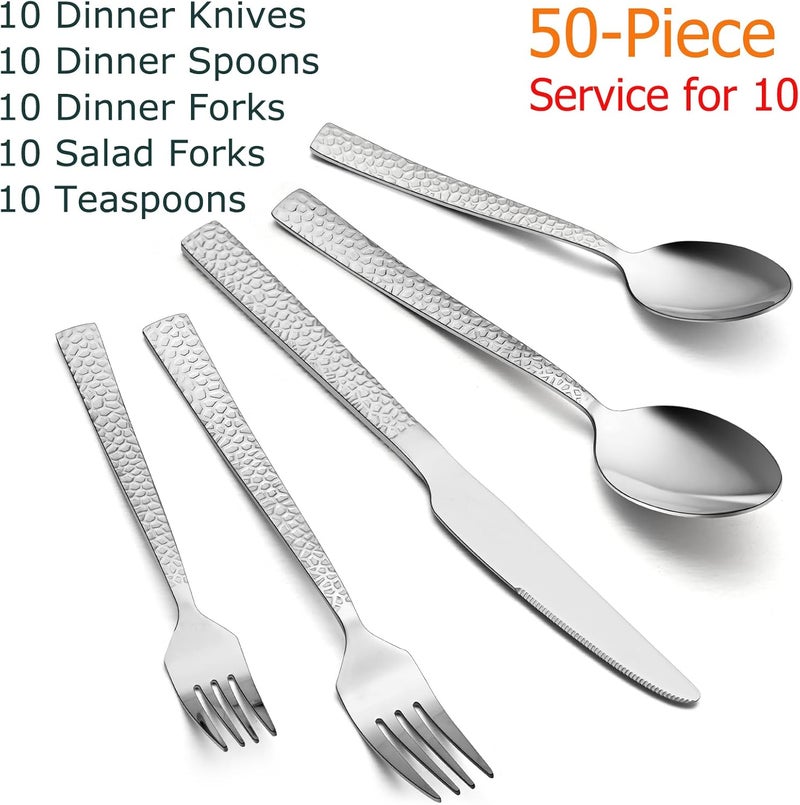 E-far Efar 50Piece Hammered Silverware Set Stainless Steel Square Flatware Set Service for 10 Tableware Cutlery Set Includes Forks Spoons Knives Modern Design  Mirror Polished  Dishwasher Safe - Image 2