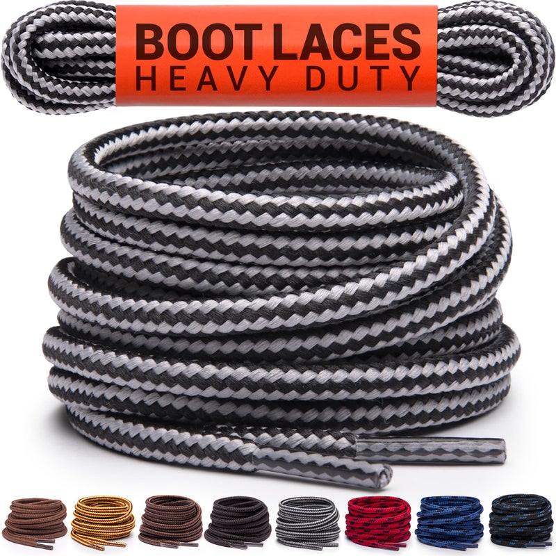 Miscly Round Boot Laces [1 Pair] Heavy Duty and Durable Shoelaces for Boots, Work Boots & Hiking Shoes (Grey/Black, 54 inches (137 cm)) - Image 1