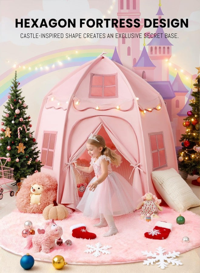 besrey Kids Play Tent, Large Kids Playhouse with 1 Door & 3 Windows, Children's Fort with Star Lights, Indoor & Outdoor Playhouse, Hexagonal Toddler Tent, 61" x31.5" x 51", Pink - Image 2