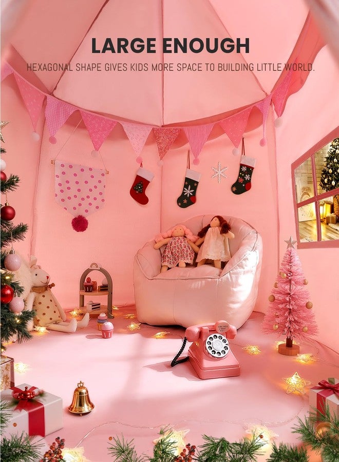 besrey Kids Play Tent, Large Kids Playhouse with 1 Door & 3 Windows, Children's Fort with Star Lights, Indoor & Outdoor Playhouse, Hexagonal Toddler Tent, 61" x31.5" x 51", Pink - Image 3