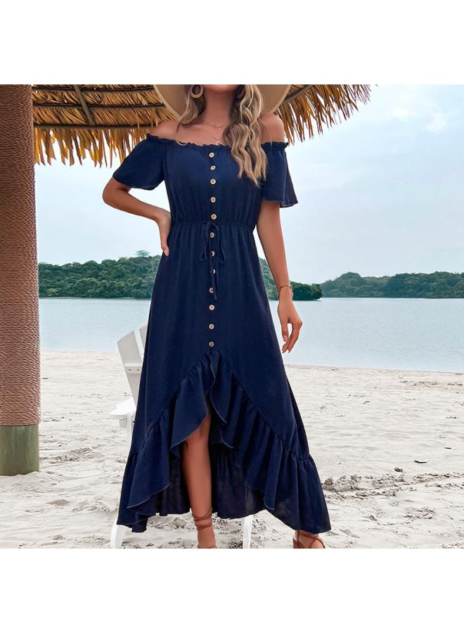 Independent Station Summer European And American Fashion Women's Shoulder Lotus Leaf Sleeve Irregular Dress