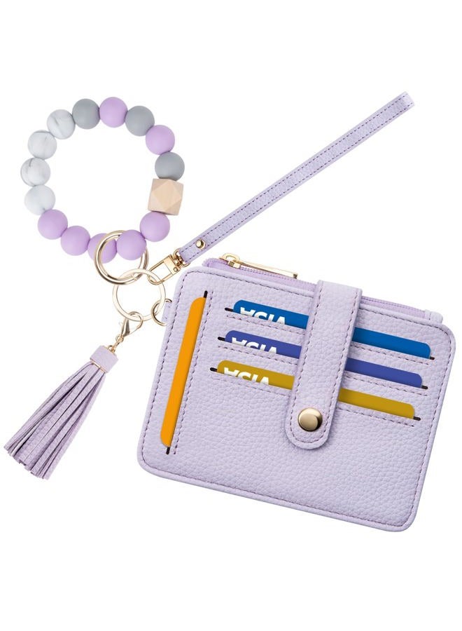 Airkit Keychain Wallet with Bracelet RFID Blocking Wristlet Credit Purse Card Holder, Silicone Bead Tassel Key Ring for Women - Image 1