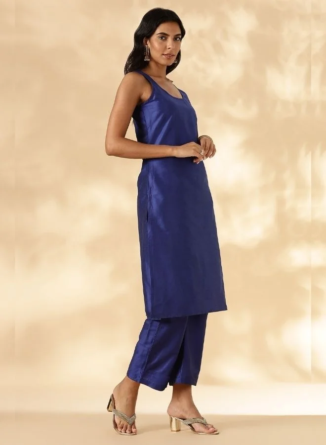 Abhishti  Solid Blue Sleeveless Kurta Pant Set for Women | Best Price UAE
