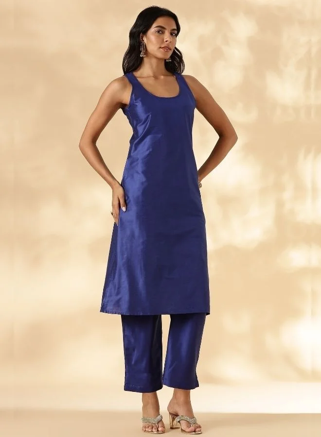 Abhishti Solid Blue Sleeveless Kurta Pant Set