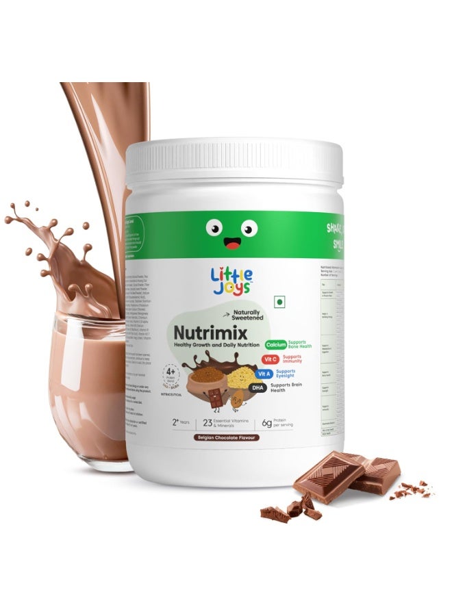 Little Joys Nutrimix 350g | 2-6 Years | No Refined Sugar | with 24 essential Vitamins & minerals| 6g protein per serving | Supports Overall Health & Boosts Immunity | with Bajra, Ragi, Almonds & Oats | Belgian Chocolate Flavour - Image 1