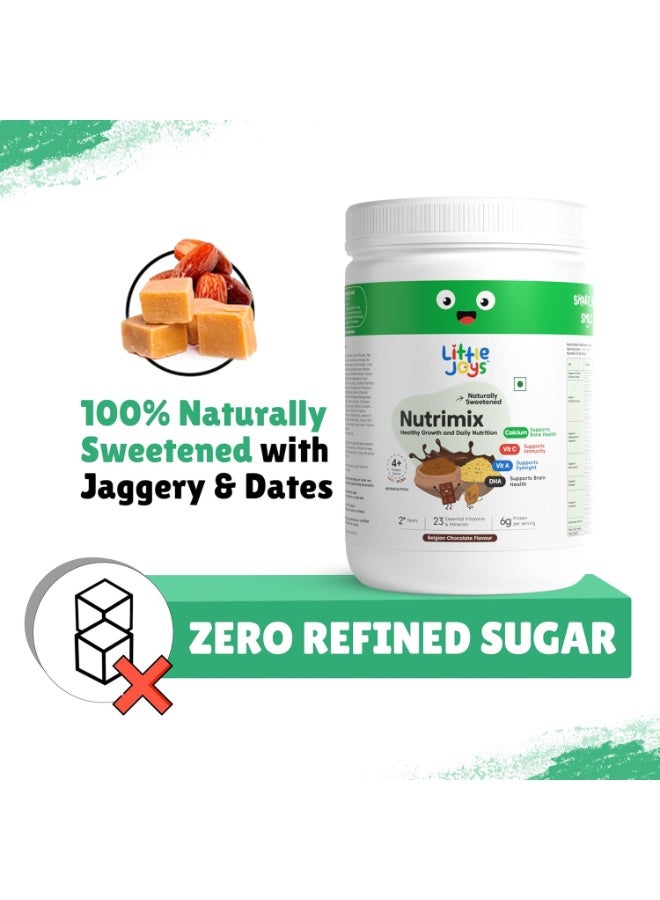 Little Joys Nutrimix 350g | 2-6 Years | No Refined Sugar | with 24 essential Vitamins & minerals| 6g protein per serving | Supports Overall Health & Boosts Immunity | with Bajra, Ragi, Almonds & Oats | Belgian Chocolate Flavour - Image 5