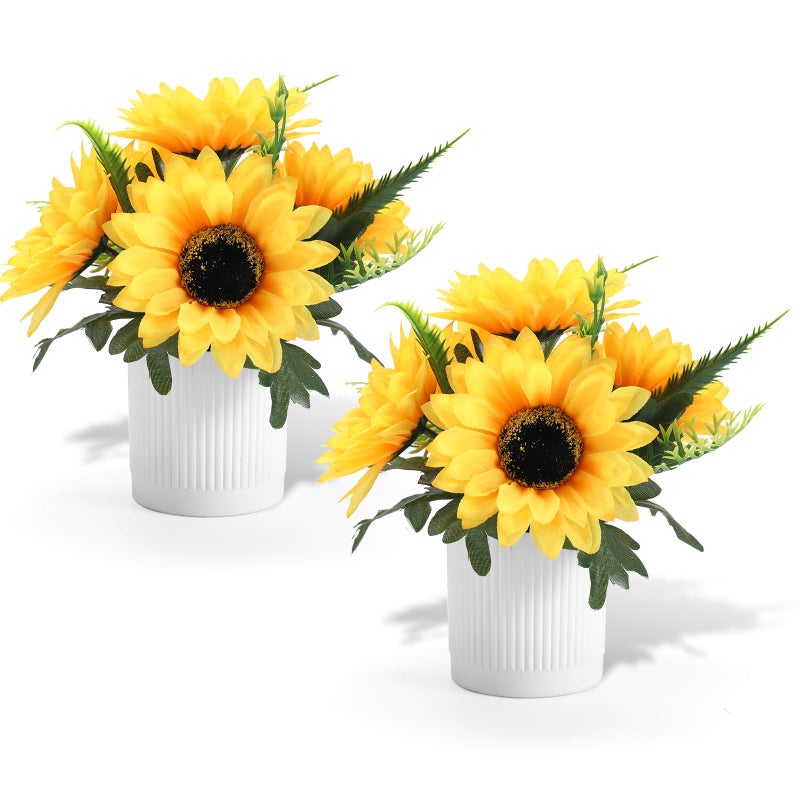 Coferset 2 Pack Sunflower Potted Artificial Flowers Small Fake Plant,Yellow Sunflower Small Artificial Plants for Home Office Farmhouse Coffee Table Bathroom Wedding Party Decor - Image 1