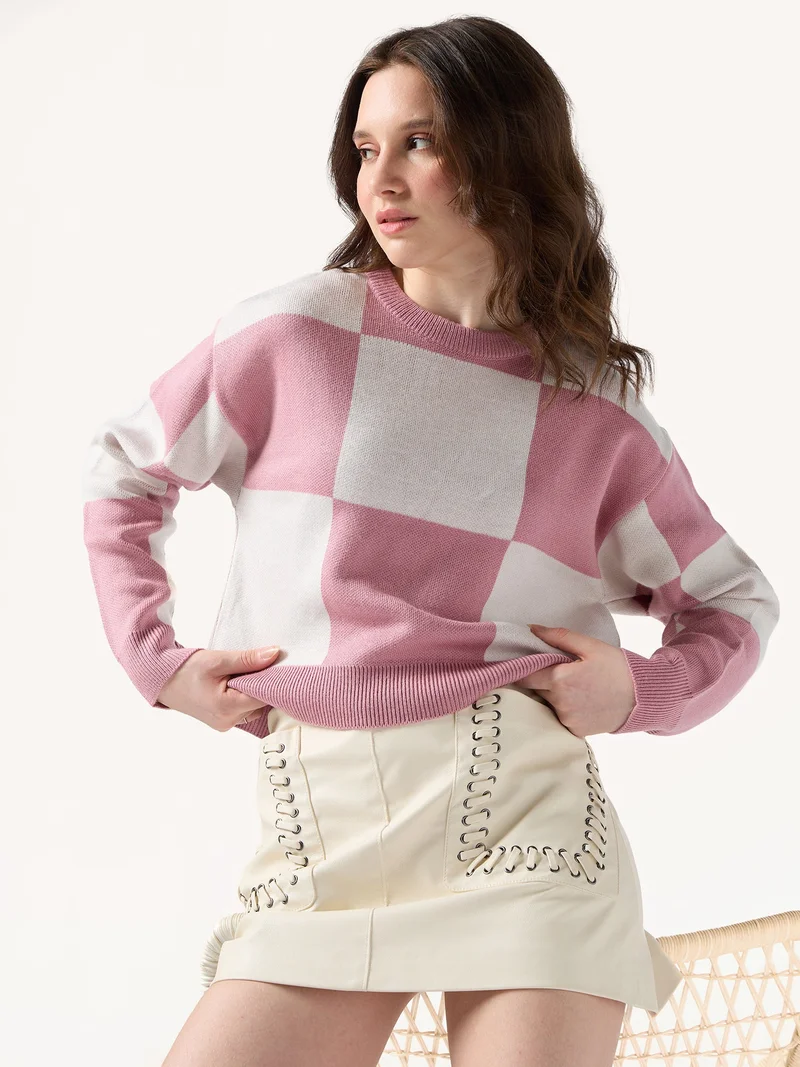 OUTZIDR Pink Colour Block Checkered Sweater