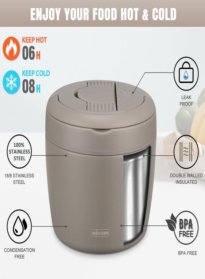wiwens Thermo Food Jar for Hot Food Adults 32OZ Soup Thermo Lunch Containers Wide Mouth Vacuum Insulated Stainless Steel Leakproof Bento Box with Spoon (Khaki) - Image 3