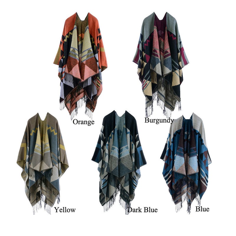 Women Knitted Shawl Poncho Faux Cashmere Geometric Pattern Tassel Oversized Long Bohemia Cape - Image 3