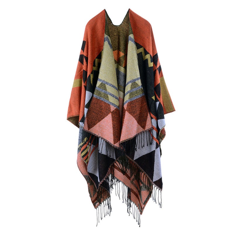Women Knitted Shawl Poncho Faux Cashmere Geometric Pattern Tassel Oversized Long Bohemia Cape - Image 1