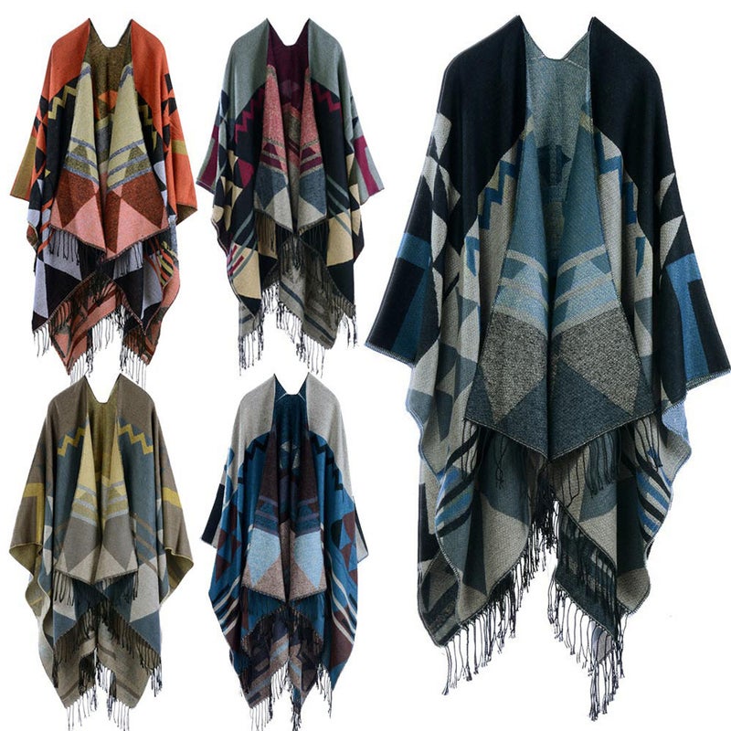 Women Knitted Shawl Poncho Faux Cashmere Geometric Pattern Tassel Oversized Long Bohemia Cape - Image 4
