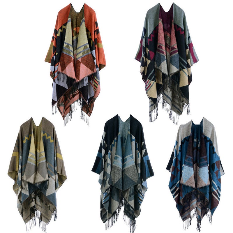 Women Knitted Shawl Poncho Faux Cashmere Geometric Pattern Tassel Oversized Long Bohemia Cape - Image 5
