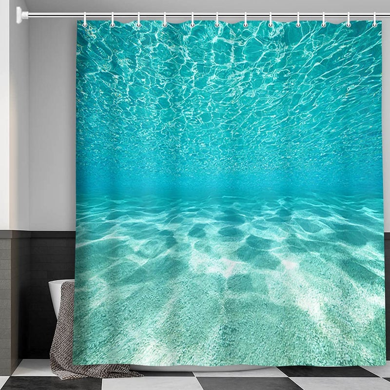 MERCHR Cute Teal Blue Ocean Shower Curtain, Nature Underwater Sea World Sand Beach Bathroom Curtains Waterproof Fabric, 71 x 71 Inches - Image 2
