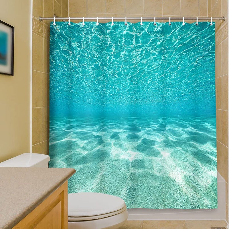 MERCHR Cute Teal Blue Ocean Shower Curtain, Nature Underwater Sea World Sand Beach Bathroom Curtains Waterproof Fabric, 71 x 71 Inches - Image 1