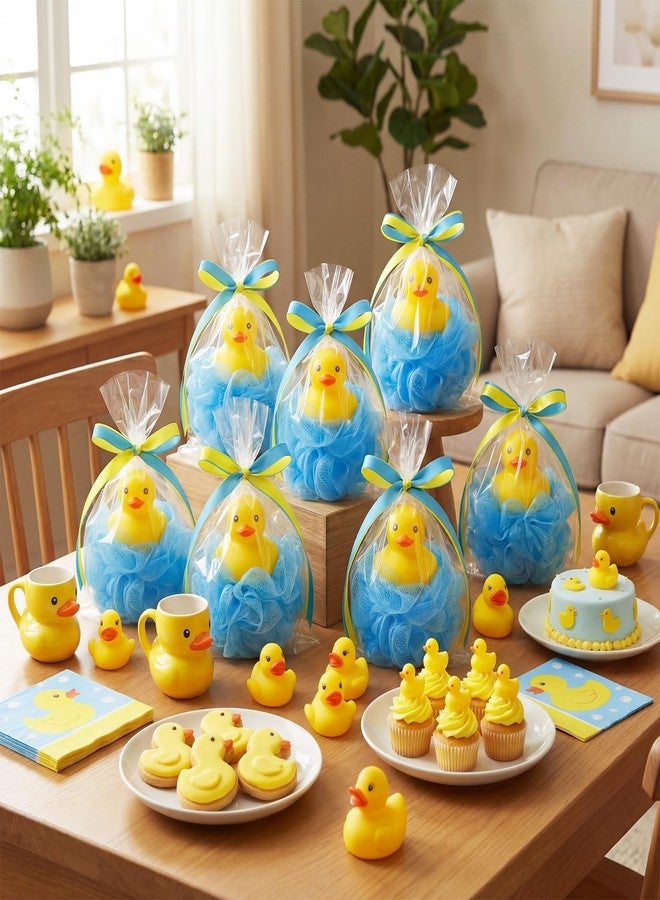 Afarnook 9 Sets Rubber Duck Party Favors Rubber Duck Shower Gifts for Guests Blue Bath Sponge Sets with Ribbon Gift Bags for Birthday Party Gender Reveal Supplies - Image 3