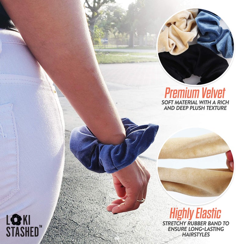 LokiStashed 3-Pack Velvet Hair Tie Scrunchies for Girls & Women, The Original Hidden Pocket Scrunchie with Zipper Pocket Storage, Accessories, Small Items, Keys, Money - Navy, Tan, Black Color - Image 4