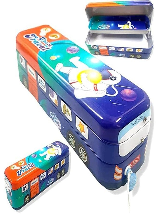 CherryBox Metal Bus Shape Printed Pencil Box with Wheels Stationery Set (Green Space Travel) - Image 4