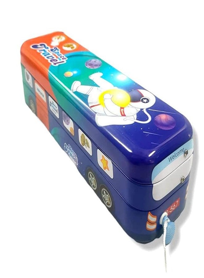 CherryBox Metal Bus Shape Printed Pencil Box with Wheels Stationery Set (Green Space Travel) - Image 2