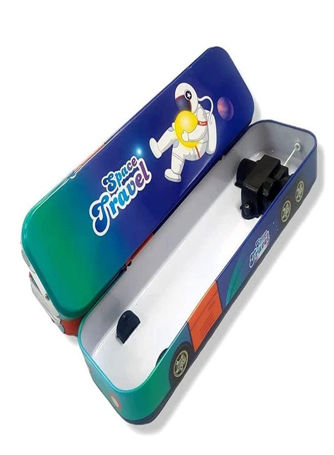 CherryBox Metal Bus Shape Printed Pencil Box with Wheels Stationery Set (Green Space Travel) - Image 5