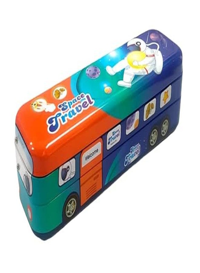 CherryBox Metal Bus Shape Printed Pencil Box with Wheels Stationery Set (Green Space Travel) - Image 1
