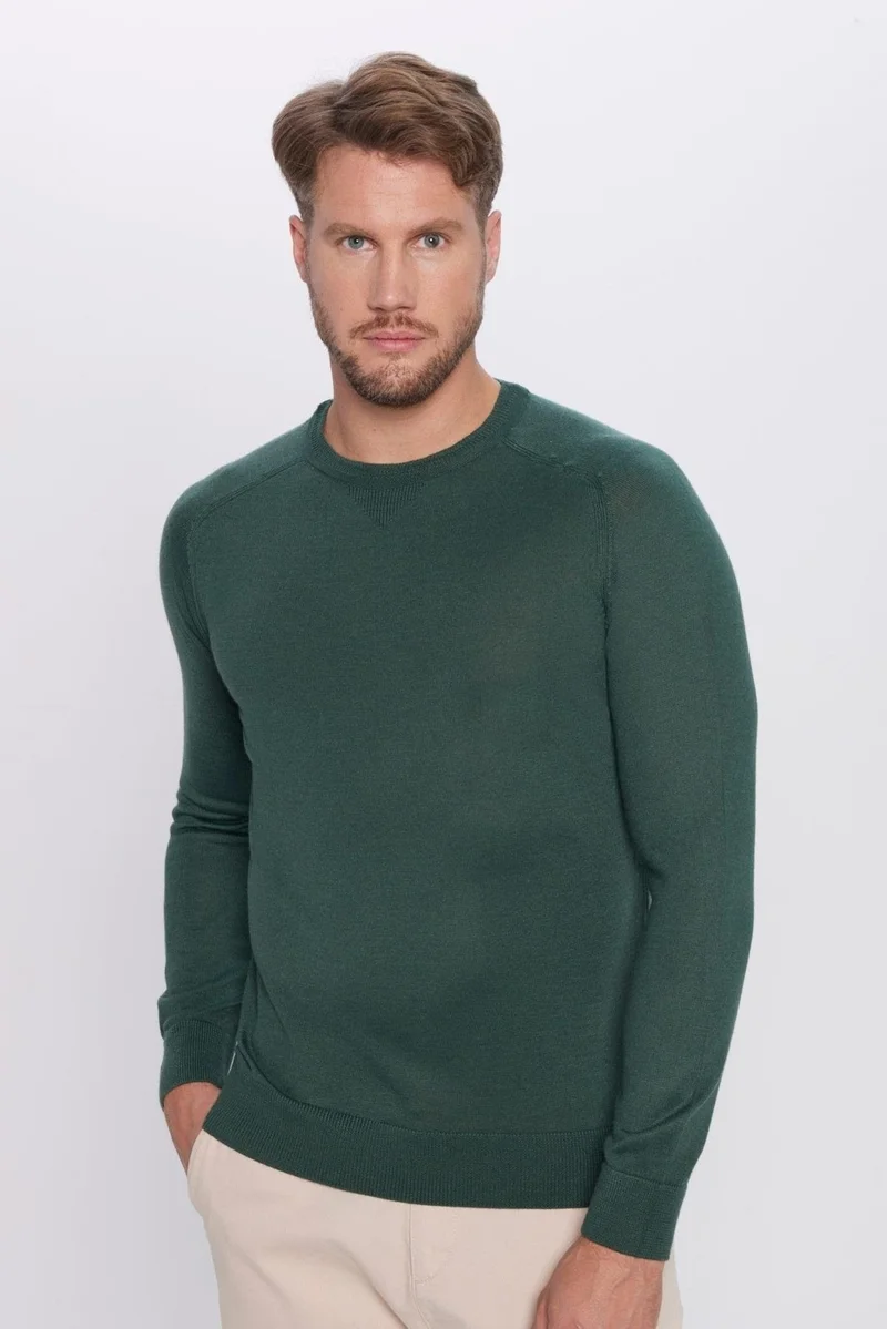 تودورس Men's Slim Fit Slim Cut Wool Green Crew Neck Knitwear Sweater