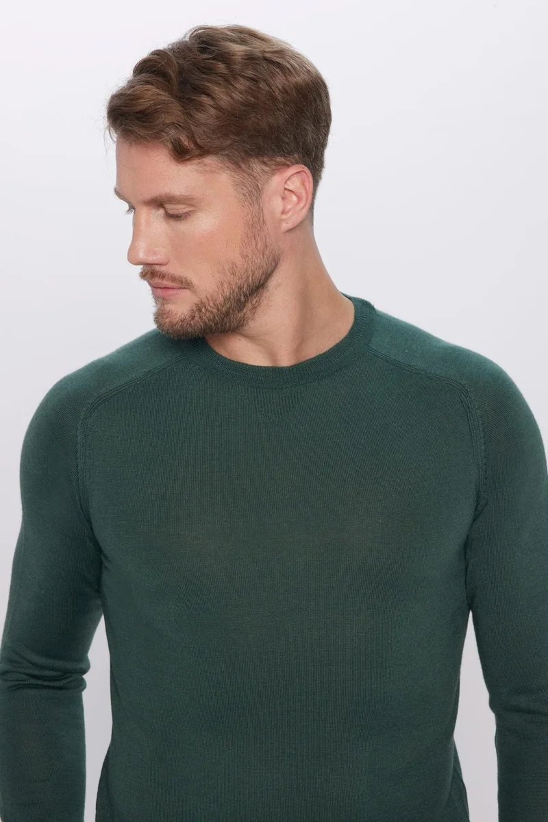 تودورس Men's Slim Fit Slim Cut Wool Green Crew Neck Knitwear Sweater